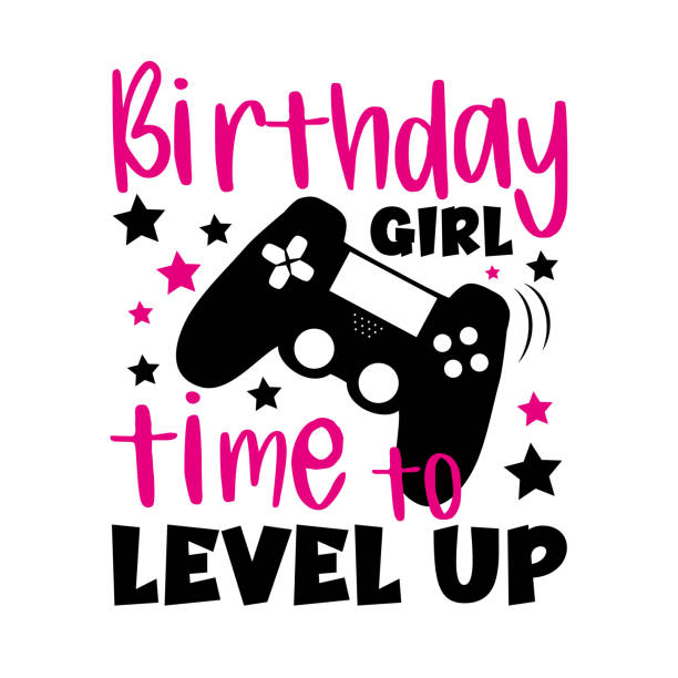 illustrations, cliparts, dessins animés et icônes de birthday girl time to level up- drôle de salutation avec contrôleur pour l�’anniversaire. - vector gamepad greeting card color image