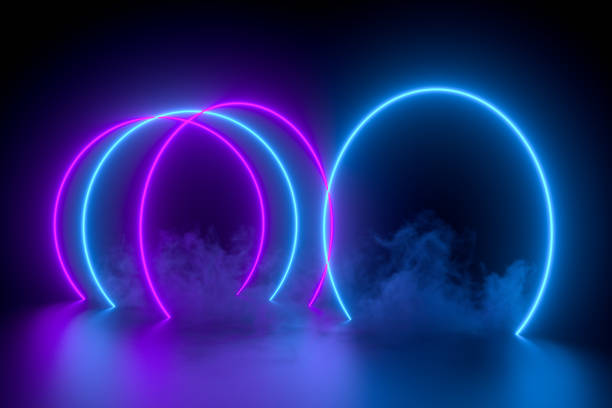 istock Abstract exhibition background with ultraviolet neon lights, glowing lines 1310734000