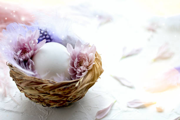 istock Easter egg in the small nest with feathers and flower petals on a light background. Painted quail eggs. Copy space. The Easter concept. Happy Easter. 1310737262
