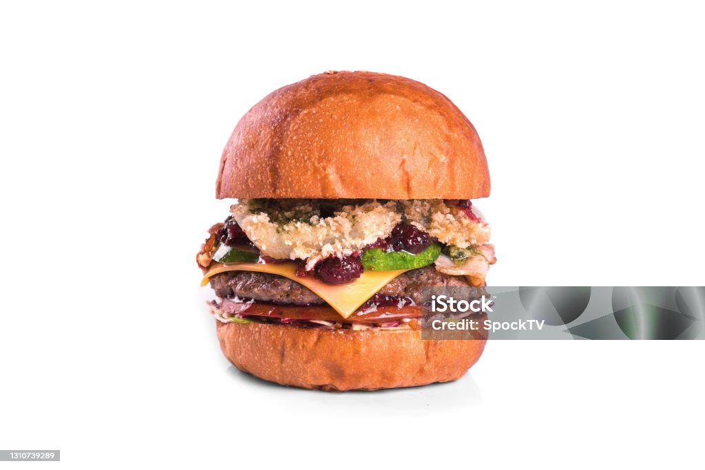 Very luscious air bun and marbled beef. Delicious beef burger decorated on a white background. Very luscious air bun and marbled beef. Burger Stock Photo