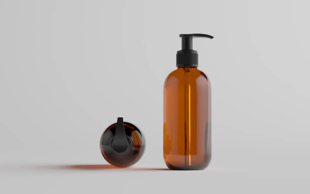 istock Amber Glass Pump Bottle Mock-Up - Liquid Soap, Shampoo Dispenser - Two Bottles 1310739596
