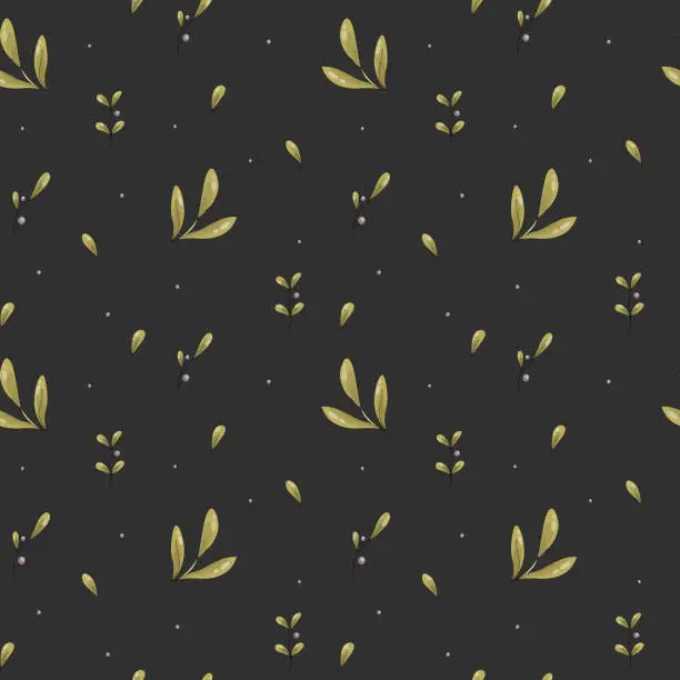 Vector illustration of Vector seamless pattern of olive leaves and small berries on a dark background. Wrapping paper, ornament for bed linen