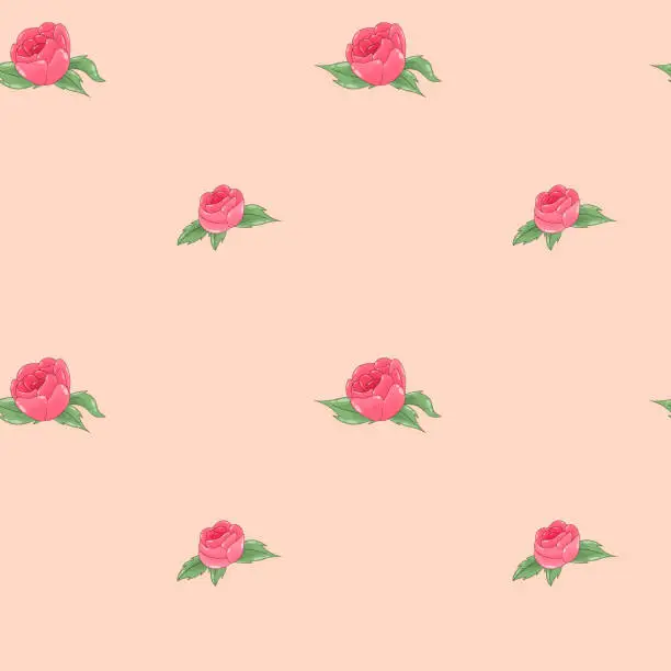 Vector illustration of Vector seamless pattern of red roses and green leaves on a pale orange background in cartoon style.