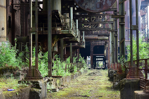 An abandoned and overgrown industrial plant in the landscape park Duisburg-Nord around a decommissioned steelworks, Germany