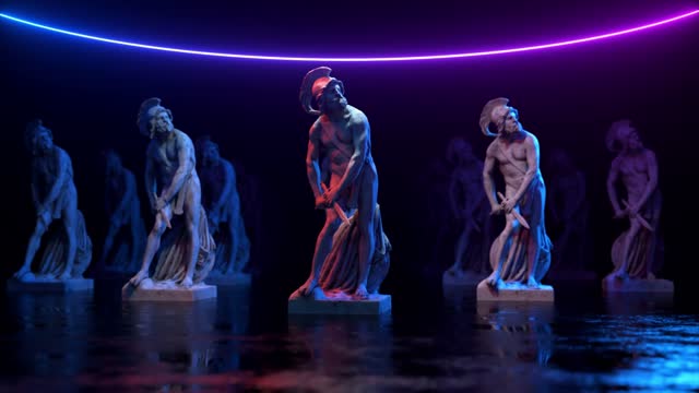 Philopoemen Sculpture illuminated by neon light. Museum art object obtained by 3D scanning. Retro futuristic design. 3d animtion