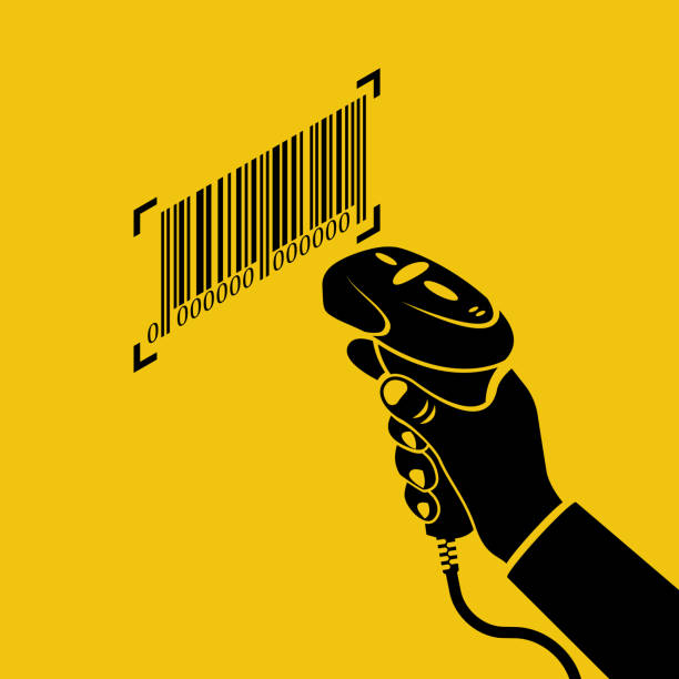 ilustrações de stock, clip art, desenhos animados e ícones de black icon operator holds a barcode scanner hand - pos supermarket