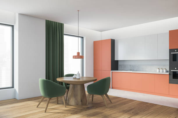 istock Living room interior with eating table and kitchen set 1310746912