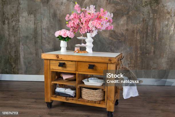 View On Flowers Candle And Sweets On A Old Antique Wooden Drawer With A Space For Text Stock Photo - Download Image Now