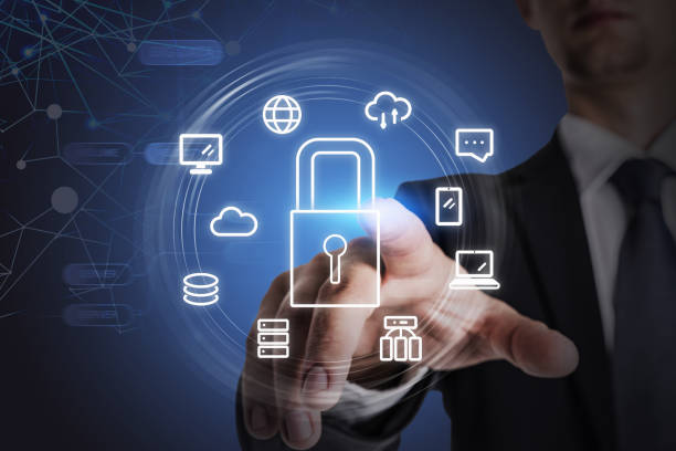 istock Businessman touch hud with lock and icons 1310747322