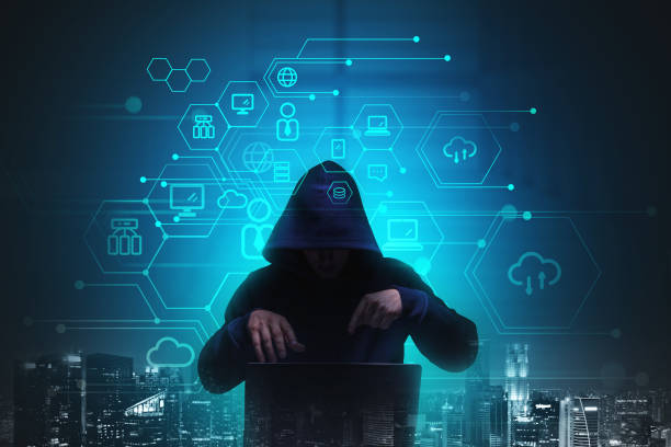 istock Man cyber attack at night, data symbols and network circuit 1310747379