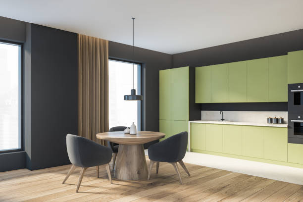 istock Living room interior with eating table and kitchen set 1310747410