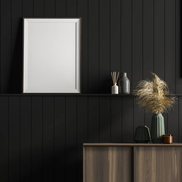 istock Dark interior with white wall and wooden sideboard 1310747469