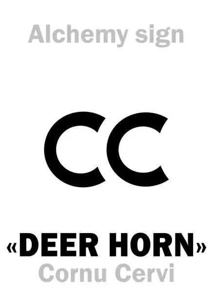 Vector illustration of Alchemy Alphabet: «DEER HORN» (Cornu Cervi), Hartshorn, smelling salts prepared from the horns of deer, — see eq.: impure Ammonium carbonate: Chemical formula=[(NH₄)₂CO₃].