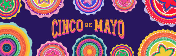 cinco de mayo - 5. mai, bundesfeiertag in mexiko. fiesta banner und poster-design mit fahnen, blumen, dekorationen - mexican culture cinco de mayo backgrounds sombrero stock-grafiken, -clipart, -cartoons und -symbole