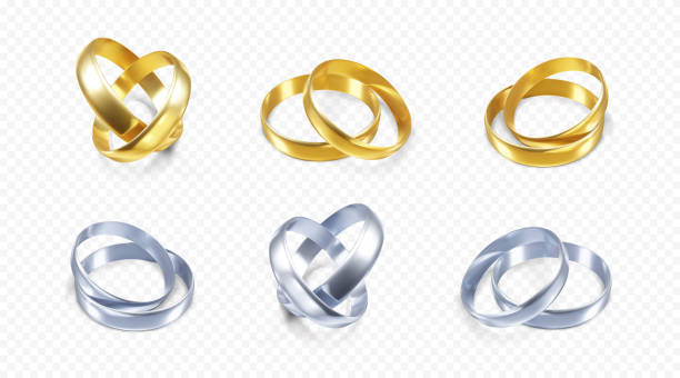 istock Set of silver and golden wedding rings. Realistic render of platinum and gold rings. Vector 1310752904