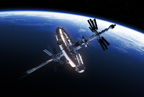 Big Space Station Orbiting Earth. 3D Illustration.