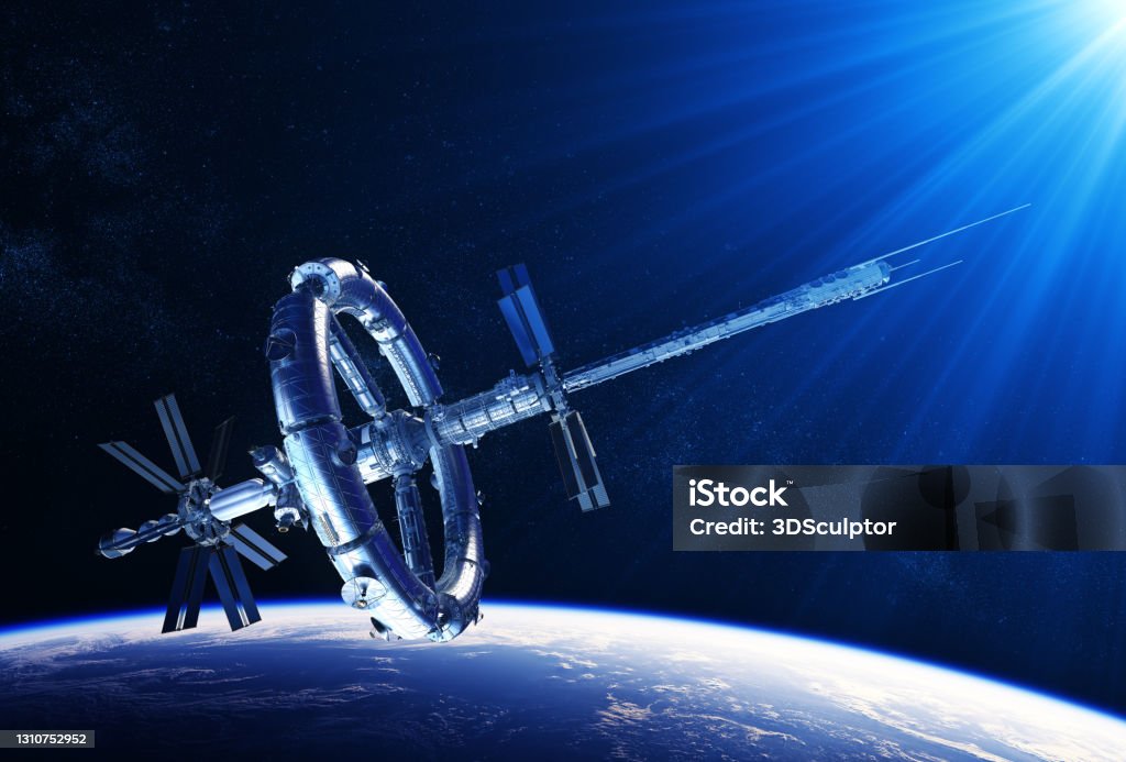 Futuristic Space Station In The Rays Of Blue Light Futuristic Space Station In The Rays Of Blue Light. 3D Illustration. Satellite Stock Photo