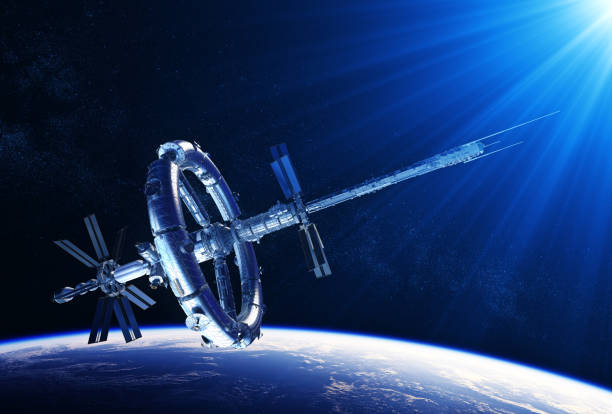 Futuristic Space Station In The Rays Of Blue Light stock photo