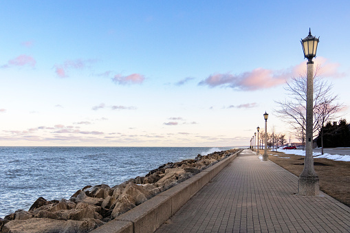 Boardwalk along Lake Michigan at sunset