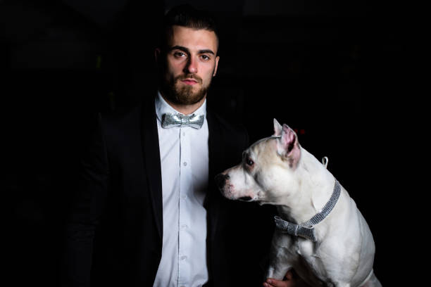молодой человек и его собака позируют для фото с соответствующими галстуками-бабочками - bow looking at camera waist up indoors стоковые фото и изображения