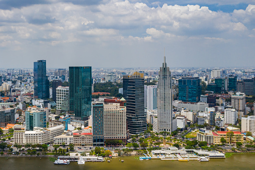 Aerial cityscape view of Ho Chi Minh city in a beautiful sunny morning