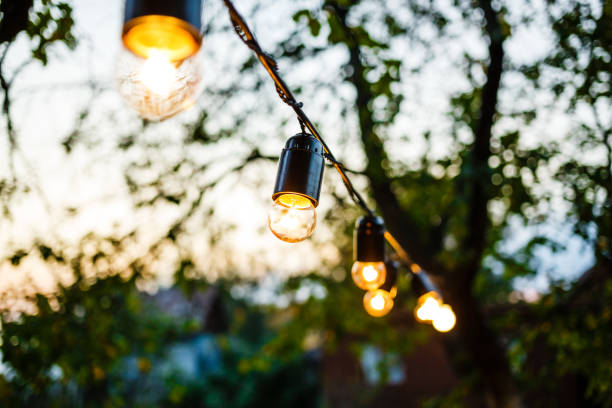 istock Garland street lights bulb decor at dusk 1310760381