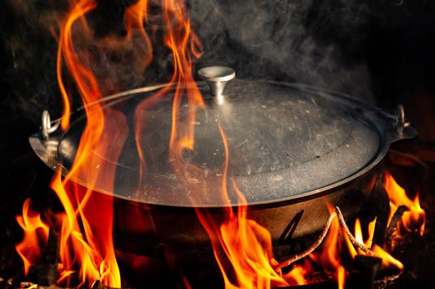 istock Outdoor Cooking with an cast iron pot on a open fire 1310763527