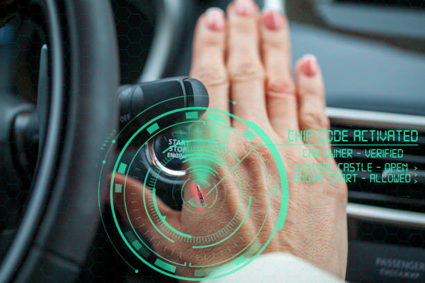 istock Human Chipping Concept, RFID Tags. A female hand with an implantable chip starts the engine a car, toning. 1310763953