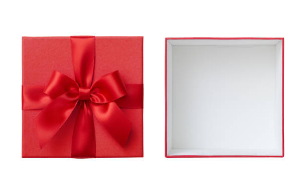istock Open red gift box and lid with red ribbon bow cut out on white background 1310764829
