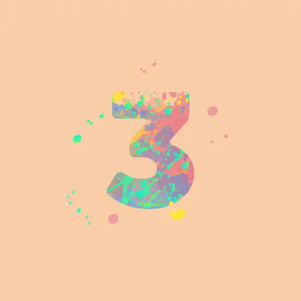 Vector illustration of Number 3 with multicolored mixed spots of pink, yellow, blue, turquoise paint on peach background