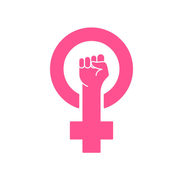 フェミニズム抗議シンボル。ピンクの女性が最初に、女性の権利。フェミニズム運動の象徴。ガールパワーサイン。白い背景にピンクの腕のシルエット。ベクトルの図 - fighting female conflict white点のイラスト素材／クリップアート素材／マンガ素材／アイコン素材