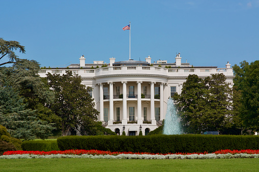White House in Washington DC with with garden and blue sky