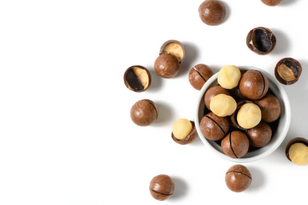 istock Peeled macadamia nuts in bowl isolated on white background, 1310767058