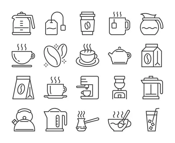 Vector illustration of Set of Coffee and Tea Line Icons. Vector Illustration. Editable Stroke, 64x64 Pixel Perfect.