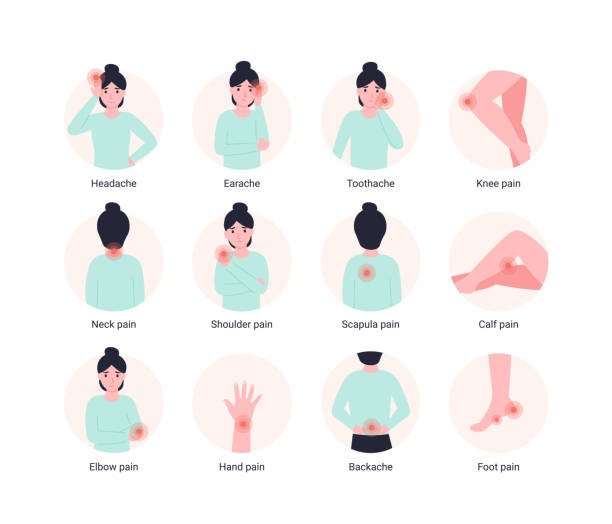 ilustraciones, imágenes clip art, dibujos animados e iconos de stock de establecer punto de dolor en el cuerpo de las personas - backache pain women illness