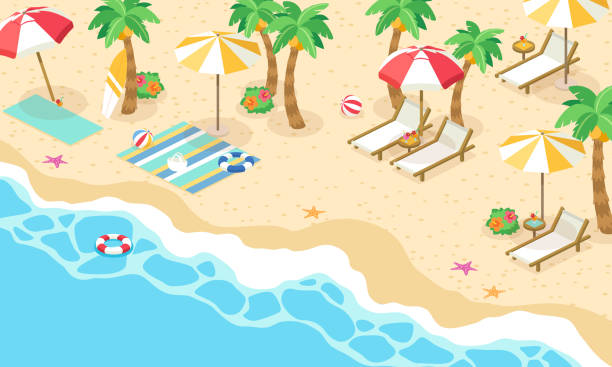 vektor-illustration von sommermeer und strand vertikal (isometrisch) - wasserrand stock-grafiken, -clipart, -cartoons und -symbole