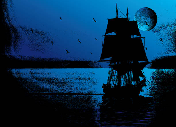 背の高い船 - antique engraved image moonlight night点のイラスト素材／クリップアート素材／マンガ素材／アイコン素材