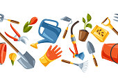 istock Seamless pattern with garden tools and equipment. Gardening illustration. 1310771220