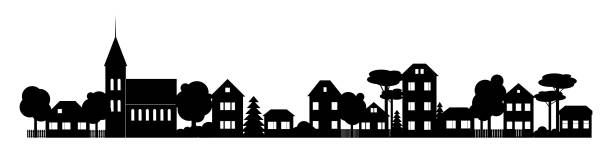 Small Town silhouette skyline horizontal banner black and white vector Small Town silhouette cutout skyline with chapel houses trees black and white village stock illustrations