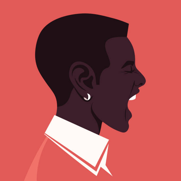ilustrações de stock, clip art, desenhos animados e ícones de screaming african man's face in profile. head of a guy on the side. - profile men young adult human head