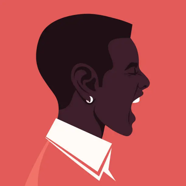 Vector illustration of Screaming African man's face in profile. Head of a guy on the side.