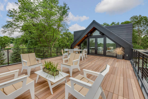 Long back deck of new modern home stock photo