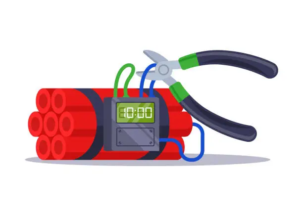 Vector illustration of rewire the cable from the clock bean. the work of a sapper on a time bomb