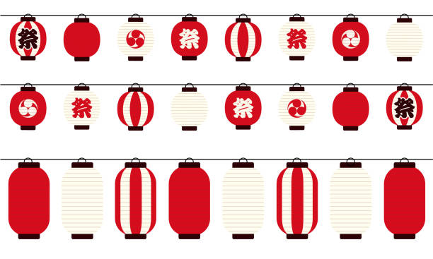 векторная иллюстрация летних фестивальных фонарей выстроилась в очередь - red lantern stock illustrations
