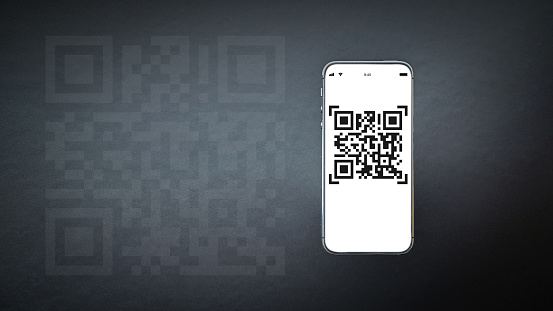 Qr code payment. Digital mobile smart phone with qr code scanner on smartphone screen for payment pay, scan barcode technology on dark background. Online shopping, cashless society concept