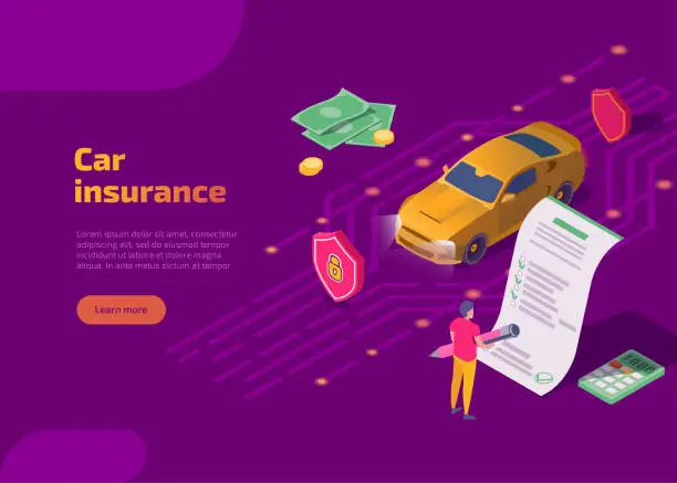 Vector illustration of Car insurance isometric landing page with auto and driver