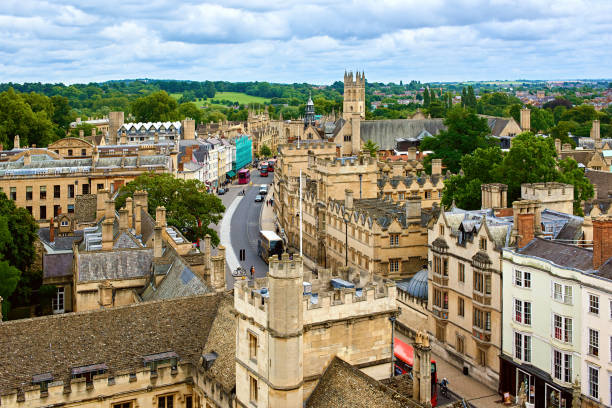 Aerial View of Oxford Cityscape and City Street, UK Aerial view of Oxford cityscape and city street, UK. oxford england stock pictures, royalty-free photos & images