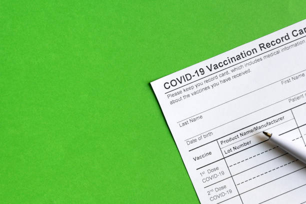 COVID-19 Vaccination Record Card on green background COVID-19 Vaccination Record Card on green background, coronavirus immunization certificate with copy space. Top view of paper medical form required for travel. Concept of corona virus vaccine.. mandate stock pictures, royalty-free photos & images