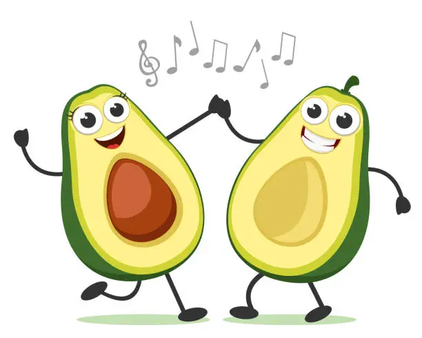 Vector illustration of Two halves of an avocado boy and a girl dance to the music on a white. Characters