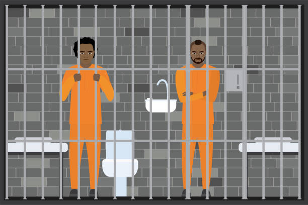afroamerikanische männliche gefangene in einer doppelgefängniszelle. verdächtiger, sträflingscharakter. rechtsbrecher oder straftäter in gefängnisuniform. - lawbreaker stock-grafiken, -clipart, -cartoons und -symbole